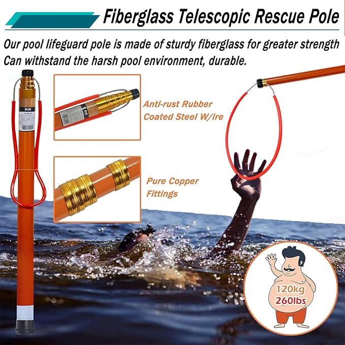 Telescopic Pool Rescue Hook with Pole, 16ft-30ft Adjustable Heavy Duty Pool Pole, Fibreglass Safety Hook Pools, Specialised Emergency Rescue Equipment for Drowning Victims (L:650cm/21.3ft)