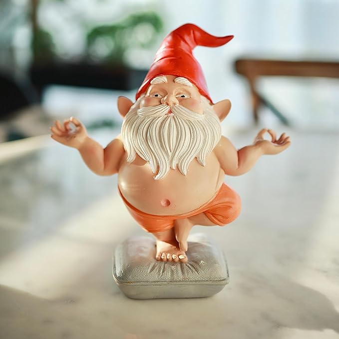 Zen Yoga Gnome Statue – Handcrafted Resin Meditation Gnome on Pillow, Tree Pose, Relaxed Expression – Weatherproof Indoor Outdoor Garden Decor, Unique Gift for Yoga & Meditation Lovers