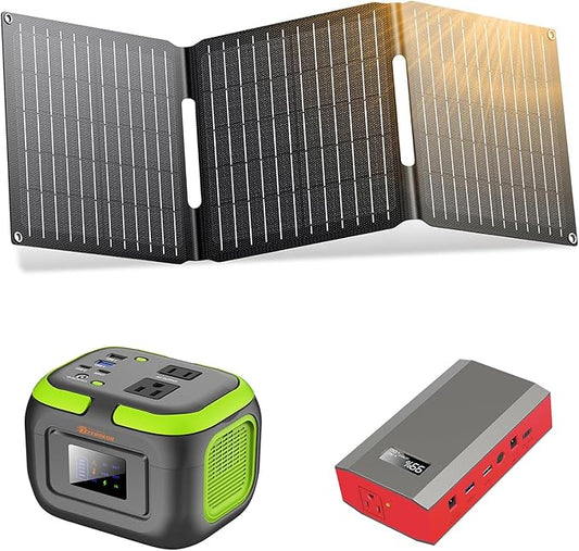 Portable Solar Power Station with Foldable Solar Panel 30W, 110V 120W AC Outlet Solar Power Bank Generator with Panel, Camping Battery Bank with USB C for Laptop Smart Device Outdoor Hiking Fishing