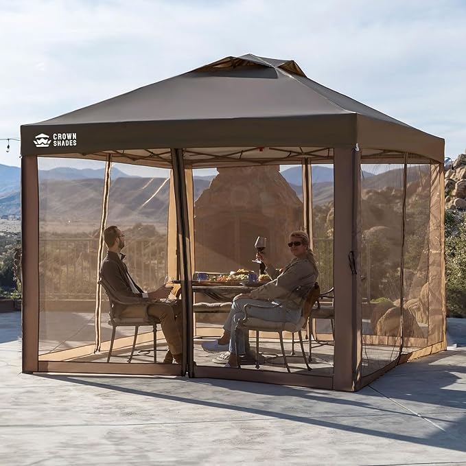 CROWN SHADES Gazebo 10x10, Pop Up Gazebo with Mosquito Netting, Screen Tent with 4 Ropes, 8 Stakes, 4 Sandbags and Wheeled Storage Bag, Canopy for Patio & Backyard, Coffee