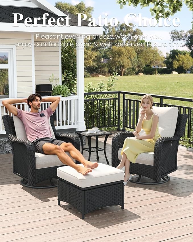 LayinSun 6 Piece Wicker Outdoor Furniture Set with 6-inch Comfy Cushions, High Back Patio Furniture Set with Swivel Rocking Chairs and Side Table