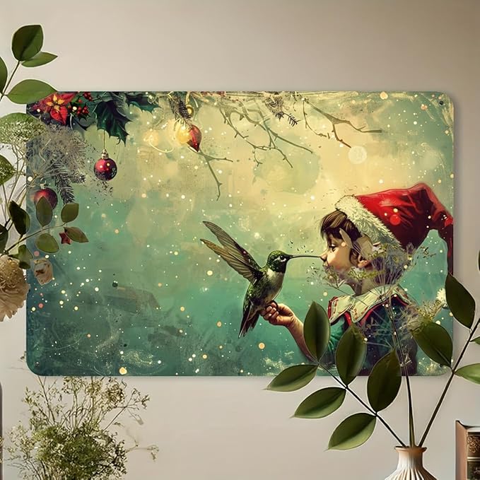 Vintage Christmas Elf & Hummingbird Metal Tin Sign - Festive Wall Art For Home, Gym, Cafe, Garage & Garden Decor, Durable Iron, Easy To Hang, 12X8 Inches