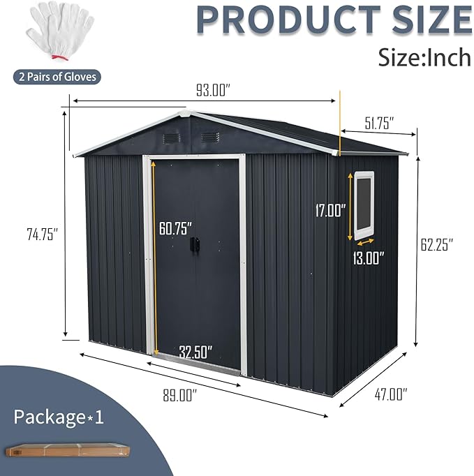 8x4 ft Outdoor Metal Storage Shed with Floor Foundation and Window, Lockable Galvanized Steel Tool Shed with Sliding Door and Air Vent, Waterproof Garden Storage House for Backyard, Patio