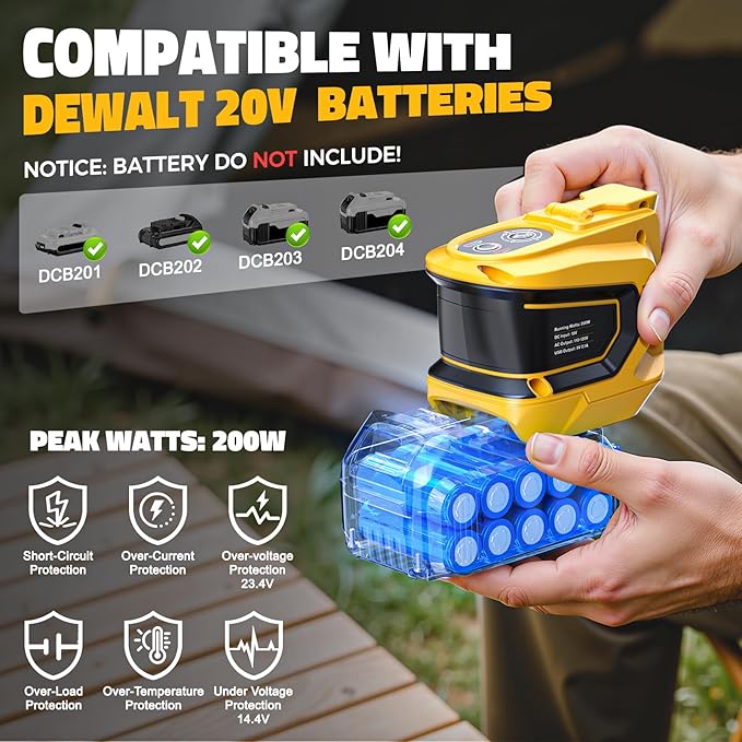 Real 200W Portable Power Inverter Compatible with DeWALT 20V, LIVOWALNY Outdoor Generato Battery Converter 2 USB & AC Battery Powered Outlet, DC 20V to AC 110V-120V Power Station (Tool Only)