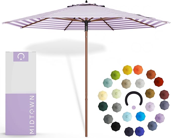Midtown Umbrellas The Wooden 9 Feet Patio Umbrella With Terylast Midtown Stripes (Purple/White Stripes) Polyester Fabric - Aluminum Frame Market Umbrella For Backyard, Deck, Garden, Pool - Wooden Pole