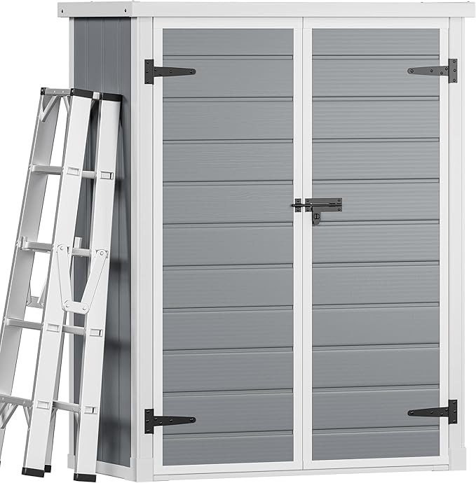 DWVO 49 Cuft Outdoor Tall Storage Shed with 2 Shelves, Weatherproof Vertical Tool Shed with Floor & Lockable Doors, Sturdy Double-Wall Plastic Cabinet for Garbage Cans and Garden Equipment (Gray)