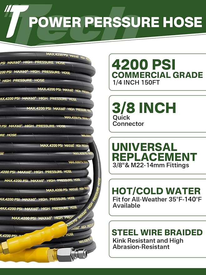 4200PSI Pressure Washer Hose 150FT with 3/8" Swivel Quick Connect for Cold/Hot Water, Kink Resistant Steel Wire Braided, Wear Resistant Power Washer Hose with 2 M22 14mm Adapter Set