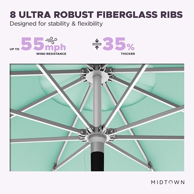 Midtown Umbrellas Push Pop Sunbrella Umbrella 8 Feet Outdoor Umbrella in Canvas Glacier Acrylic Fabric - Patio, Backyard, Garden, Picnic Table & Pool - Black Pole