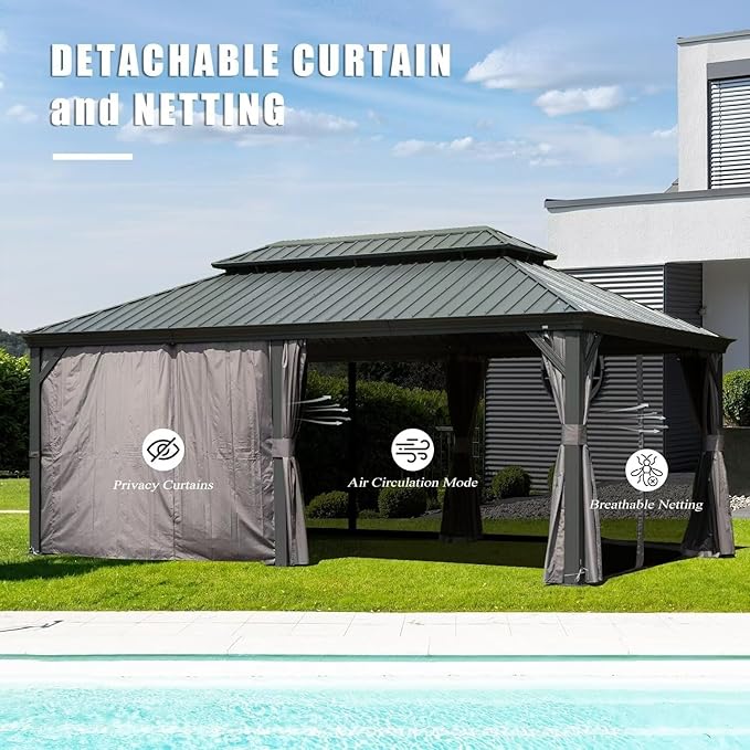 Domi 12'x20' Hardtop Gazebo Canopy,Outdoor Aluminum Gazebo with Galvanized Steel Double Roof,Large Permanent Gazebo Pavilion for Patio Deck Backyard,Curtain and Netting,Grey