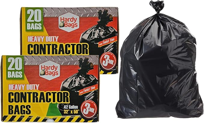 Hardy Bags Contractor Trash Bags – 42 Gallon Heavy-Duty, 3 Mil Thick, 20 Count Box, Extra Strong Construction, Tear & Puncture Resistant (Contractor, Pack of 2)