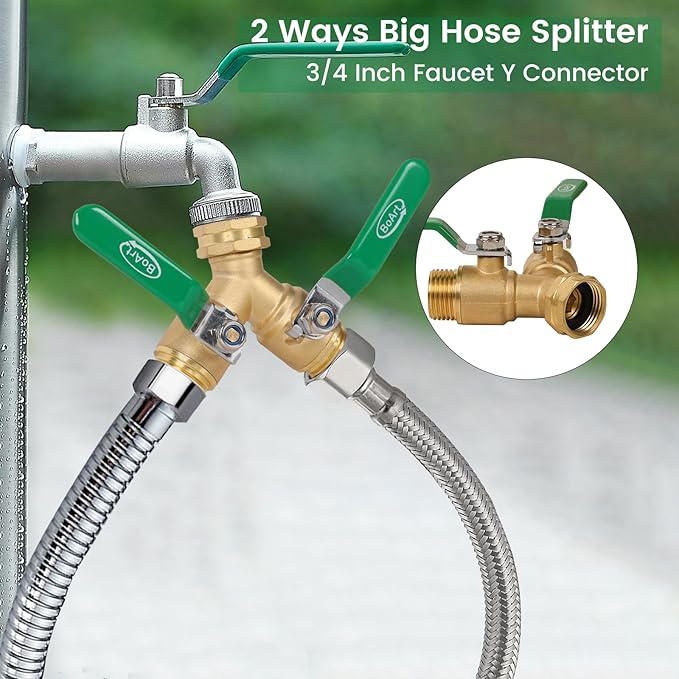 BoArt Brass Garden Hose Splitter 2 Way Heavy Duty, Y Valve Hose Splitter With Stainless Steel Long Handle, 3/4" GHT Thread Y Valve Water Garden Hose Tap Adapter