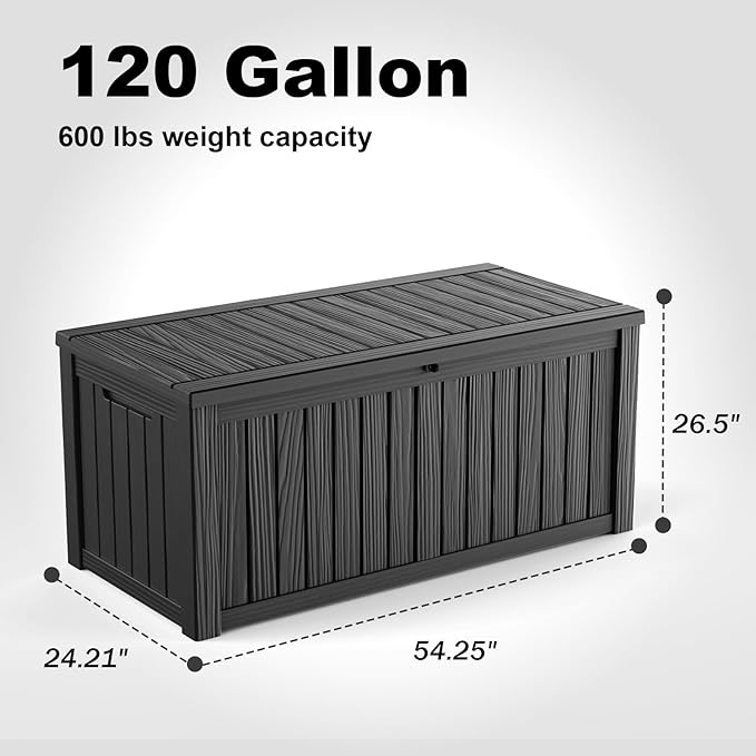 ROJIK 120 Gallon Outdoor Storage Box Waterproof - Patio Furniture Outside Deck Box, Garden Tools, Cushions, Pool Accessories Storage Bench with Lockable Lid and Side Handles (Black, 120 Gal)