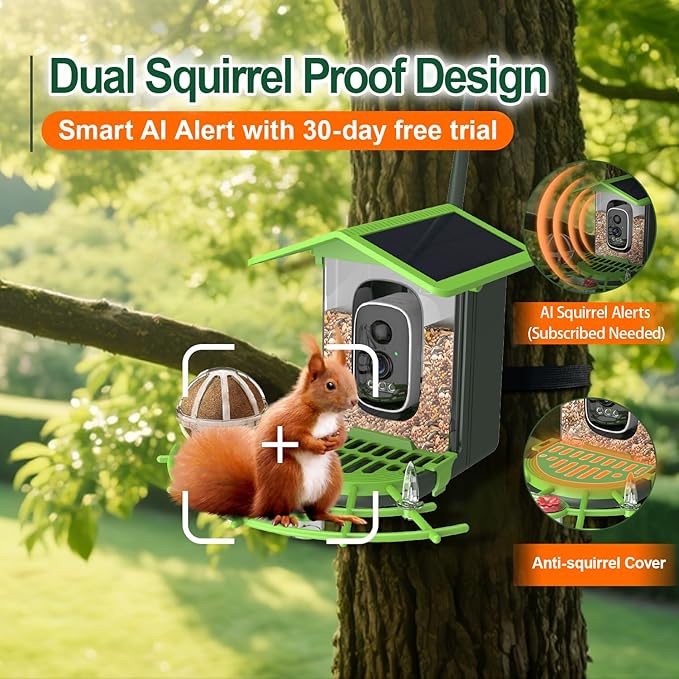 Smart Bird Feeder with Camera – 2K Live View, AI Bird Recognition, Squirrel-Proof, Dual Solar Roof, 5dB Antenna, Instant Alerts for Nature & Wildlife Lovers, Green