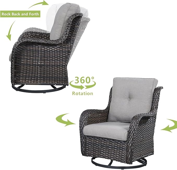 HUMMUH 3-Piece Swivel Rocking Rattan Chair Outdoor, Patio Bistro Furniture Conversation Set,Cushioned Wicker Chair with Glass Coffee Table(Brown, Grey)