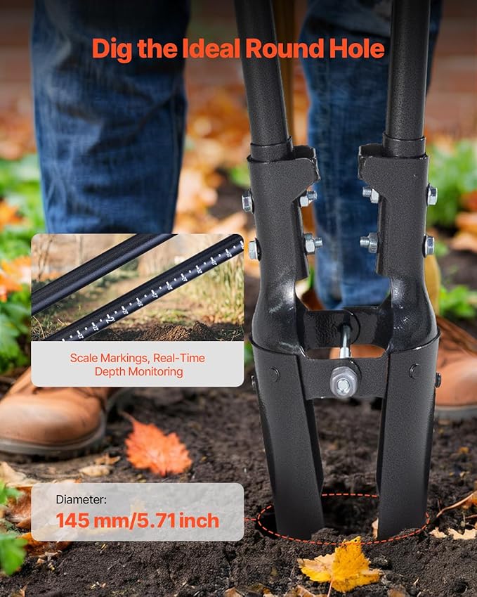 VEVOR Post Hole Digger, Heavy Duty Post Hole Digger with Carbon Steel Handle, Manual Hole Digger with Scale Markings and Metal Blade, Post Hole Digger Tool for Digging Gardening Outdoors, 57.5-Inch