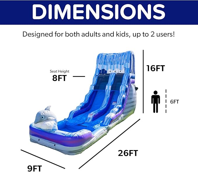 Herokiddo Dolphin 16' Water Slide with Detachable Pool, for Kids and Adults, Commercial Grade, 100% PVC Vinyl, Outdoor Backyard, Summer Fun, Blow Up Inflatable (Blower Included)