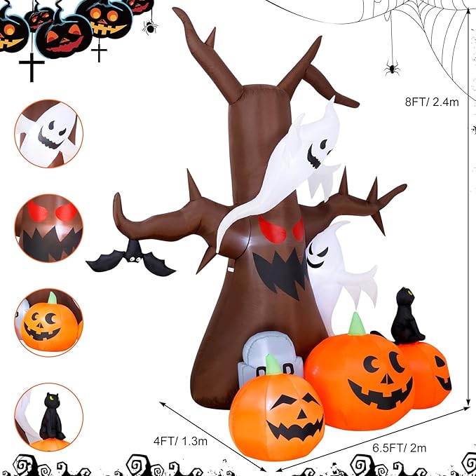 8FT Halloween Inflatable Dead Tree Outdoor Decorations with Ghosts & Pumpkins, Halloween Blow Up Yard Decoration with Build-in LEDs for Holiday/Halloween Party/Garden/Lawn