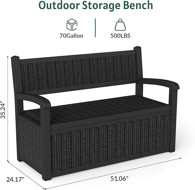 70 Gallon Outdoor Storage Bench, Deck Box Bench with Armrest, Lockable Outside Benches with Storage, Deck Boxes Waterproof for Pool Patio Garden (Black)