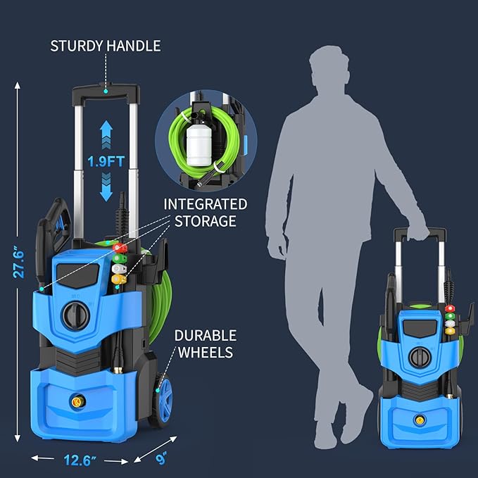 Pressure Cleaner with 33FT Flexible Extension Hose + 34FT Power Cord, 4 Nozzles, Foam Cannon, Best Power Cleaner for Cars, Patios, Driveways, Blue