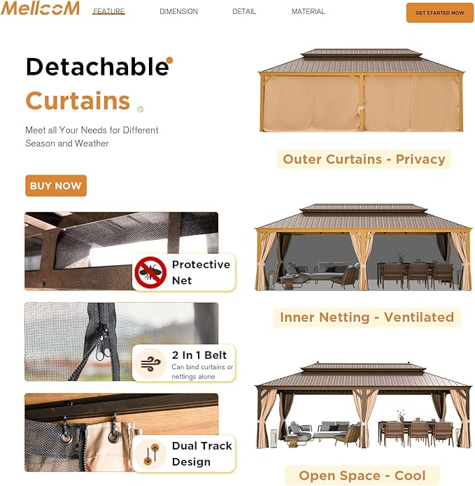 MELLCOM 12'x24' Hardtop Gazebo, Wood Grain Aluminum Frame with Galvanized Steel Double Roof, Outdoor Gazebo with Curtains and Nettings for Patio, Backyard and Deck