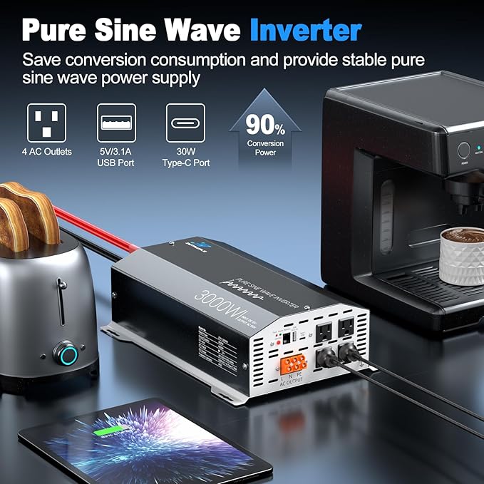3000 Watt Pure Sine Wave Inverter 12v DC to 110v 120v AC Converter,6000W Peak Power Inverter with 4 AC Outlets,USB Port,Type-C,Remote Control LCD Display for Truck, RV, Vehicles, Solar Off-Grid