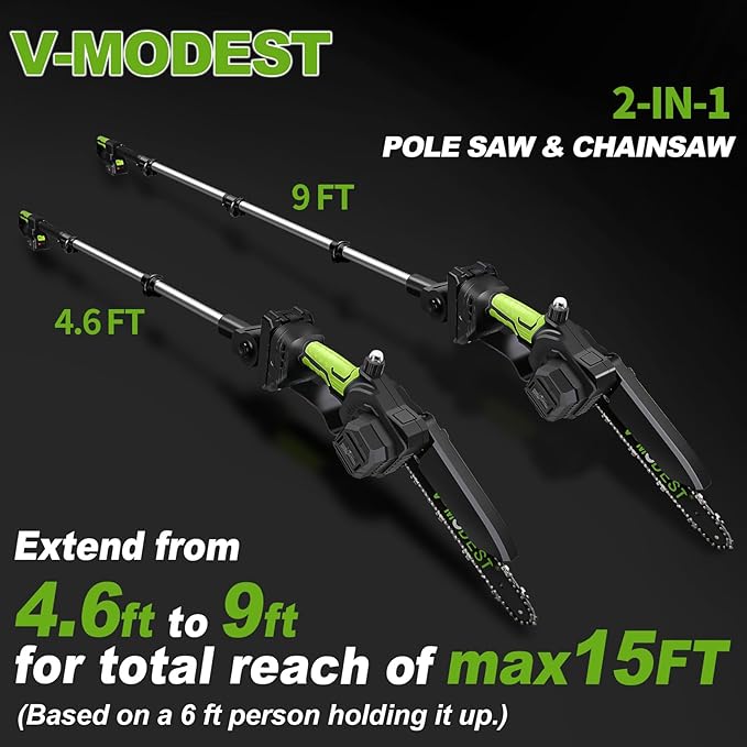 2-IN-1 Cordless Pole Saw 8 inch &6 inch, Pole Saws for Tree Trimming 2 * 4.0Ah Battery Powered, Electric Pole Saw Brushless 15ft Max Extension Pole Chainsaw for Tree Trimmer Wood Cutting