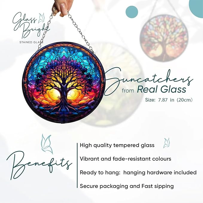 Tree of Life Suncatcher -7.9 in Stained Glass Window Hanging Catcher Garden Decor