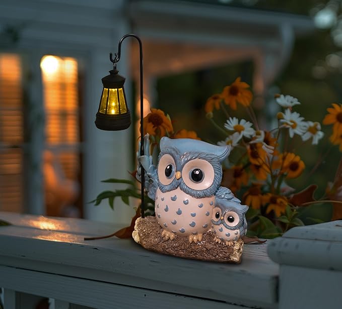 Garden Statues Owl with Solar LED Lantern, Resin Solar Garden Decor for Outside, Yard Decorations Outdoor for Patio, Porch, Balcony, Lawn Ornaments, House Warming Birthday Gifts for Mom Women Grandma