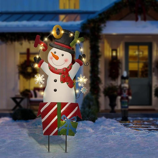 Solar Christmas Lights Outdoor Garden Stakes, 30in Metal Snowman Yard Signs with LED String Lights, Waterproof Christmas Decor for Xmas Lawn Pathway Patio Party Winter (Snowman)
