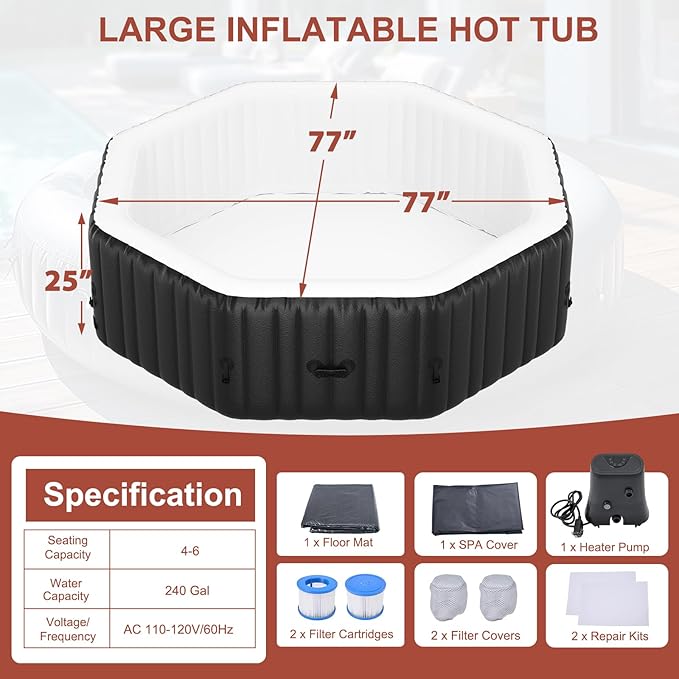 LILYPELLE Inflatable Hot Tub 4-6 Person, Octagonal Portable Hot Tub with 130 Bubble Jets, Large Outdoor Spa Bathtub Set Included Heater Pump, Filter and Insulated Cover, 77" X 77" X 25"