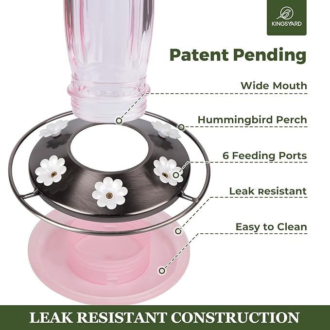 Kingsyard 2 Pack Glass Hummingbird Feeder for Outdoors, 16 Oz Wild Bird Feeder with 6 Feeding Ports Hanging for Garden Yard, Pink (Ant Moat Included)