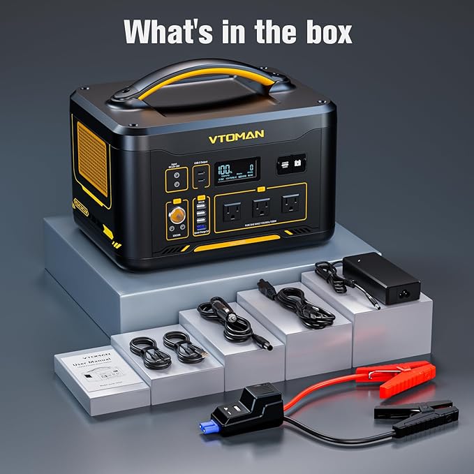VTOMAN Jump 1500X Portable Power Station with Jumper Cables, 828Wh LiFePO4 Battery Solar Generator with Jump Start for Car, 1500W AC Outlets, 100W PD Type-C&Regulated DC for Home Backup RV Van Camping