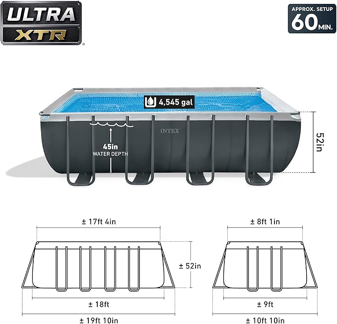 Intex 18' x 9' x 52" Ultra XTR Rectangular Frame Swimming Pool Set with Pump - Above Ground Backyard Large Rectangle Pool with 45-Inch Deep Water