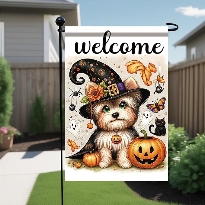 Halloween Garden Flag Yorkshire Terrier Flag 12x18 Inch Welcome Dog Pumpkin Yard Banner Double Sided Outdoor House Decor with Ghosts Black Cat for Fall Lawn Holiday Seasonal Decoration