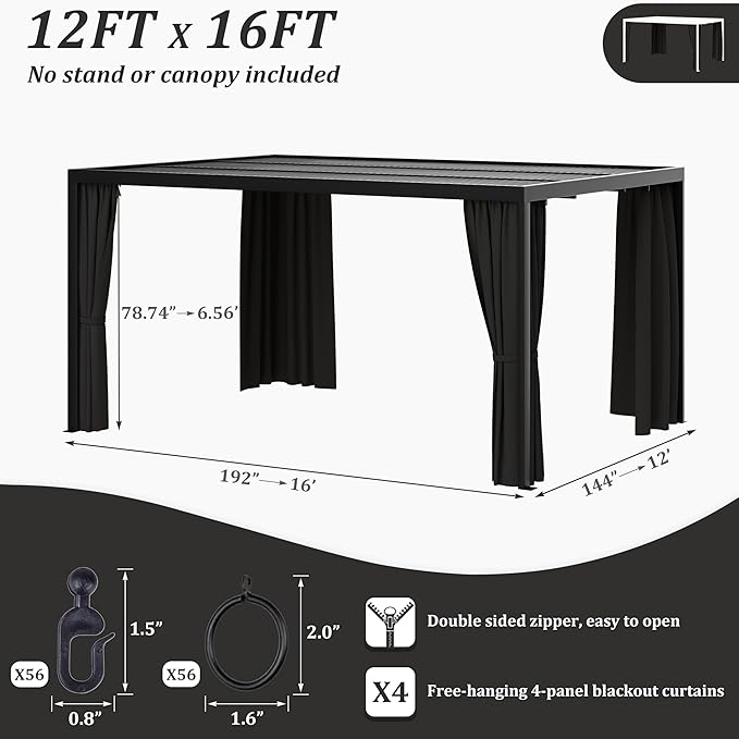 Gazebo Universal Replacement Privacy Curtain,12'×16' Gazebo Outdoor Waterproof Curtains, 4-Panels Sidewall Curtains with Double Zipper for Patio Canopy, Garden and Backyard (Curtain Only)