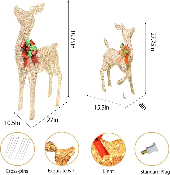 38in Christmas Deer Set Decoration for Outdoor Yard 2pc Deers, Lighted up Reindeer Outdoor Decor Champagne Gold Christmas Doe Fawn with Bow, for Christmas Tree Porch Holiday Display