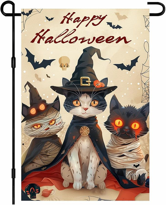 Happy Halloween Garden Flag Three Cute Cats Witch Mummy Flag 12x18 Inch Double Sided Spooky Outdoor Yard Decor House Banner Porch Lawn Patio Home Decoration
