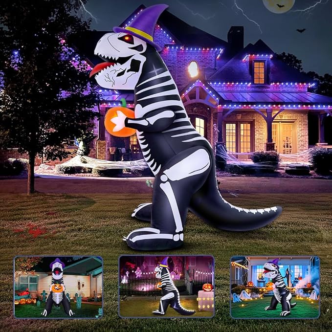 8FT Halloween Inflatables Outdoor Decorations, Halloween Blow Ups Inflatable Skeleton Dinosaur with Pumpkin for Outside Garden Decor, Halloween Decorations Outdoor