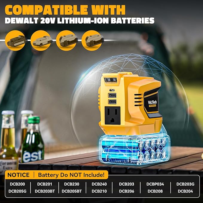 2 Packs Real 200W Power Inverter Compatible with Dewalt 18V/20V, VoLtTech Battery Inverter DC 20V to AC 110V Portable Phone Charger Generator Power Supply with 2 USB Ports & 1 Type-C & 1 AC Outlet