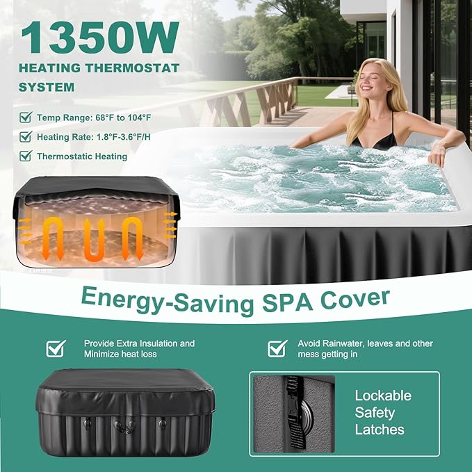 DoCred 4-6 Person Inflatable Hot Tub, 73" X 73" X 25" Square Blow up Portable Hot tub with 130 Bubble Jets, Large Outdoor Spa Bathtub Set Included Heater Pump, Insulated Cover and Filter