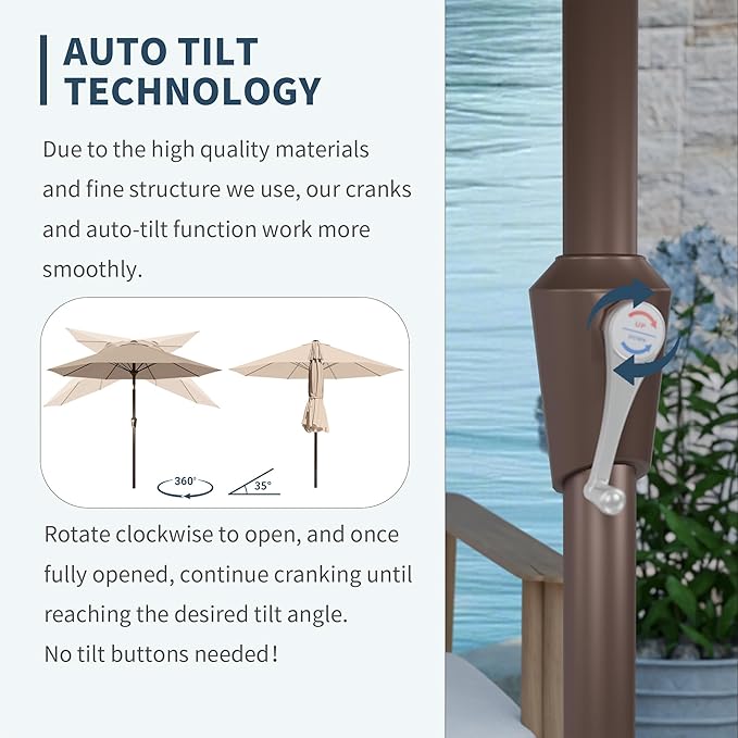 PatioKingdom Auto-Tilt 9FT Patio Umbrella Outdoor with 8 Sturdy Fiberglass Ribs,Market Table Umbrella for Pool,Backyard,Deck and Garden