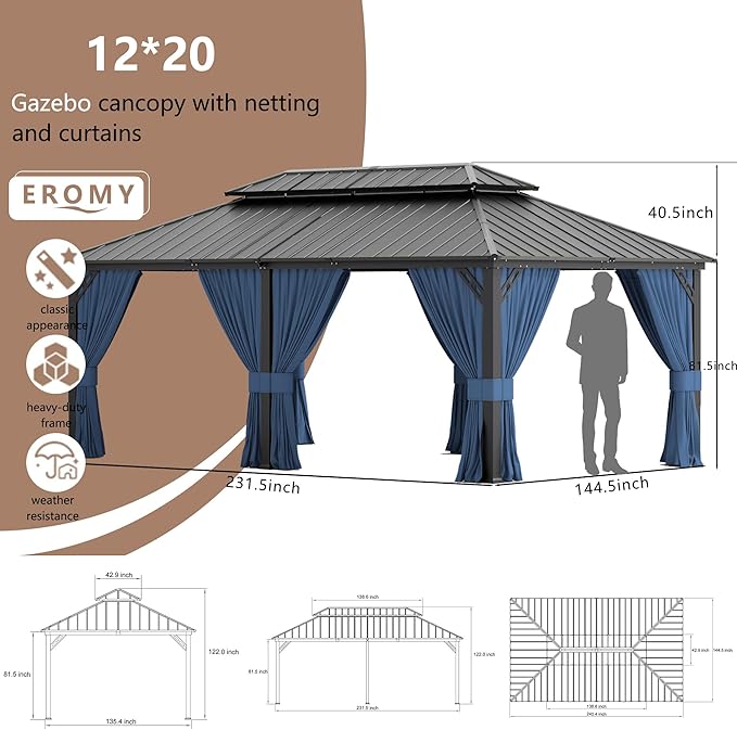 12’x20’ Hardtop Gazebo Outdoor Aluminum Frame Permanent Gazebo Galvanized Steel Double Roof Gazebos with Nettings and Curtains for Patio, Lawns,Backyard, Deck(Navy)