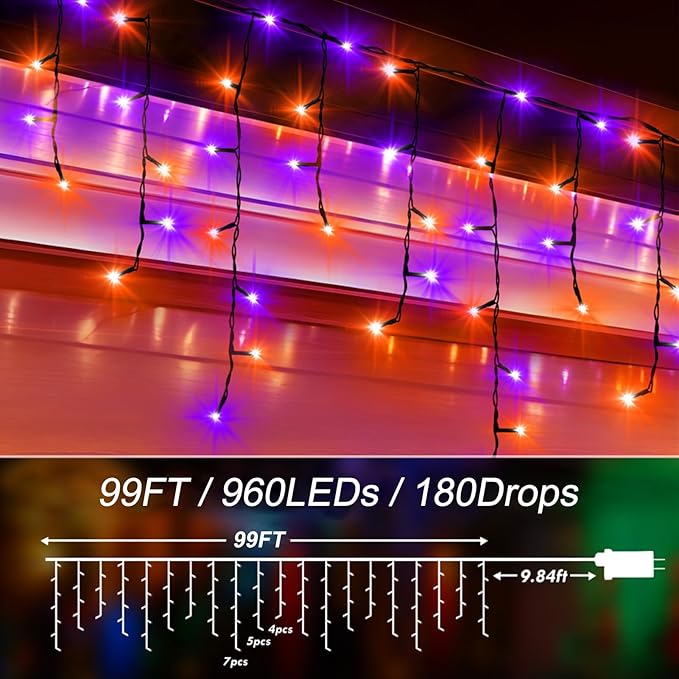 KNONEW 99FT 960 LED Orange Purple Halloween Lights Outdoor Black Wire String Lights with 180 Drops, 8 Lighting Modes, Timer Memory Function Hanging Curtain Lights for Halloween Party