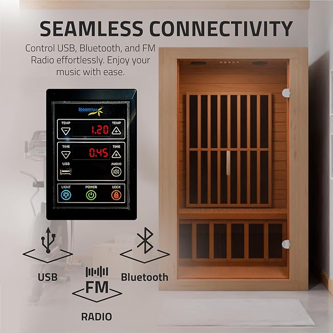 SteamSpa 1-2 Person Low EMF Carbon FAR Infrared Hemlock Wood and Tempered Glass Indoor Home Sauna Room with LED Touch Control Panel, Color LED Therapy Light, Bluetooth Speaker
