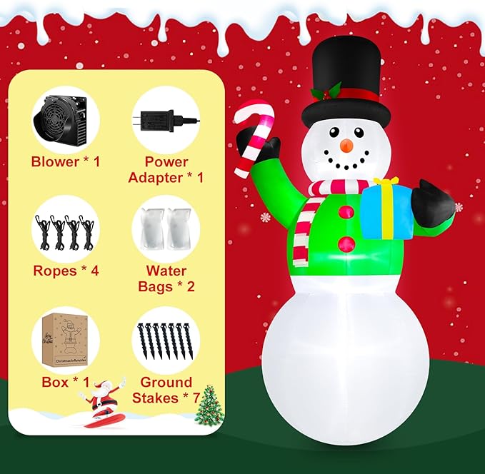 Danxilu 12ft Tall Christmas Inflatables Snowman Decorations Outdoor Giant Blow Up Candy Cane Yard Decor Large Merry Xmas Blowups Snow Man with Led Lighted for Front Outside Lawn Holiday Vacation Party