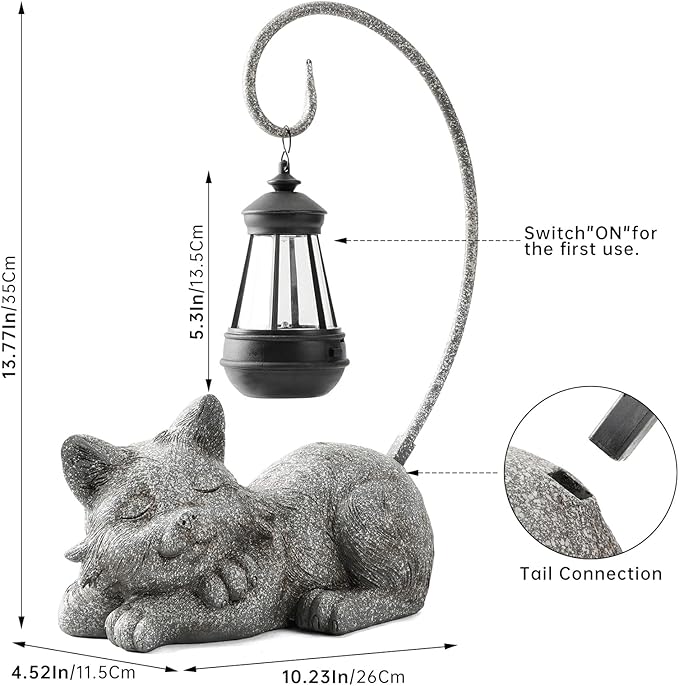 Outdoor Cat Figurine Garden Statue with Solar-Powered LED Light 13.77 Inches Tall Gift Garden Statue Decor for Cat Lovers Marbled