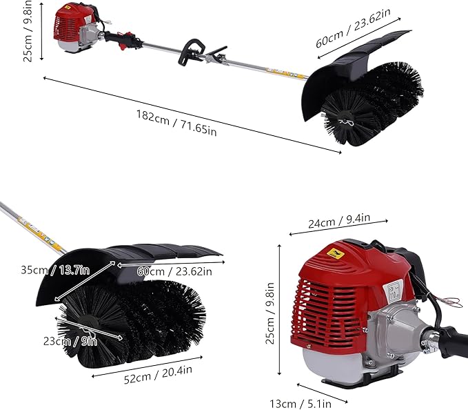 Handheld Sweeper 52CC 2 Stroke Gasoline Power Sweeper Outdoor Sweeping Broom 2.3HP Walk Behind Sweeper Cleaner 23.5'' Turf Lawns Driveway Grass Sweeping Cleaning Tool
