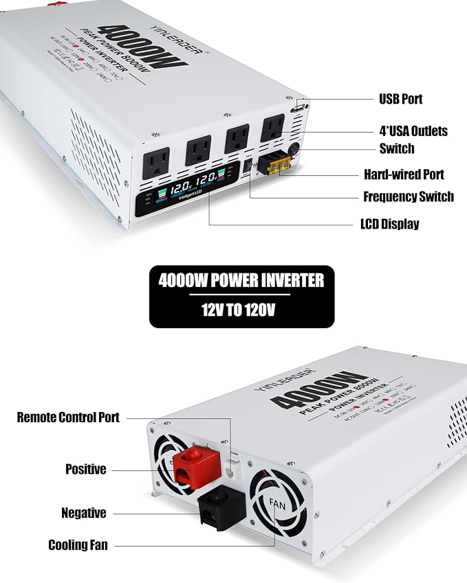 4000W Power Inverter 12V to 110V/120V, Solar Inverter Remote for RV Camping Off-Grid Solar Inverter Systems
