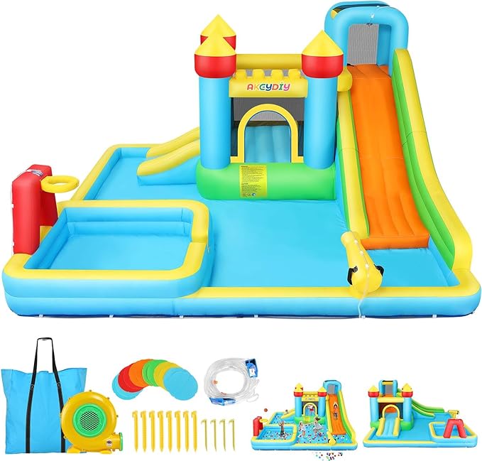 AKEYDIY Inflatable Water Slide Bounce House for Kids 3-12, Mega Water Bounce House Park w/ 2 Slides, Splash Pool & Deep Pool, Basketball Hoop, Water Cannon, 8 in 1 Backyard Water Park with Blower