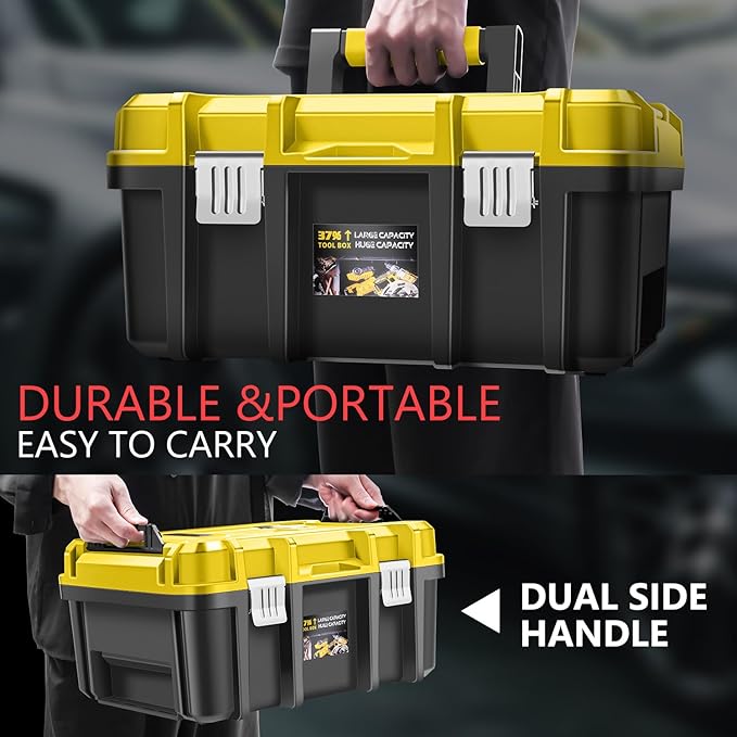 ‎DNA MOTORING 2pcs Tool Boxes Set - Lockable Organizer Storage Portable Toolbox with Removable Tray for Workshop Garage & Household, Large Capacity, TOOLS-00310-YL
